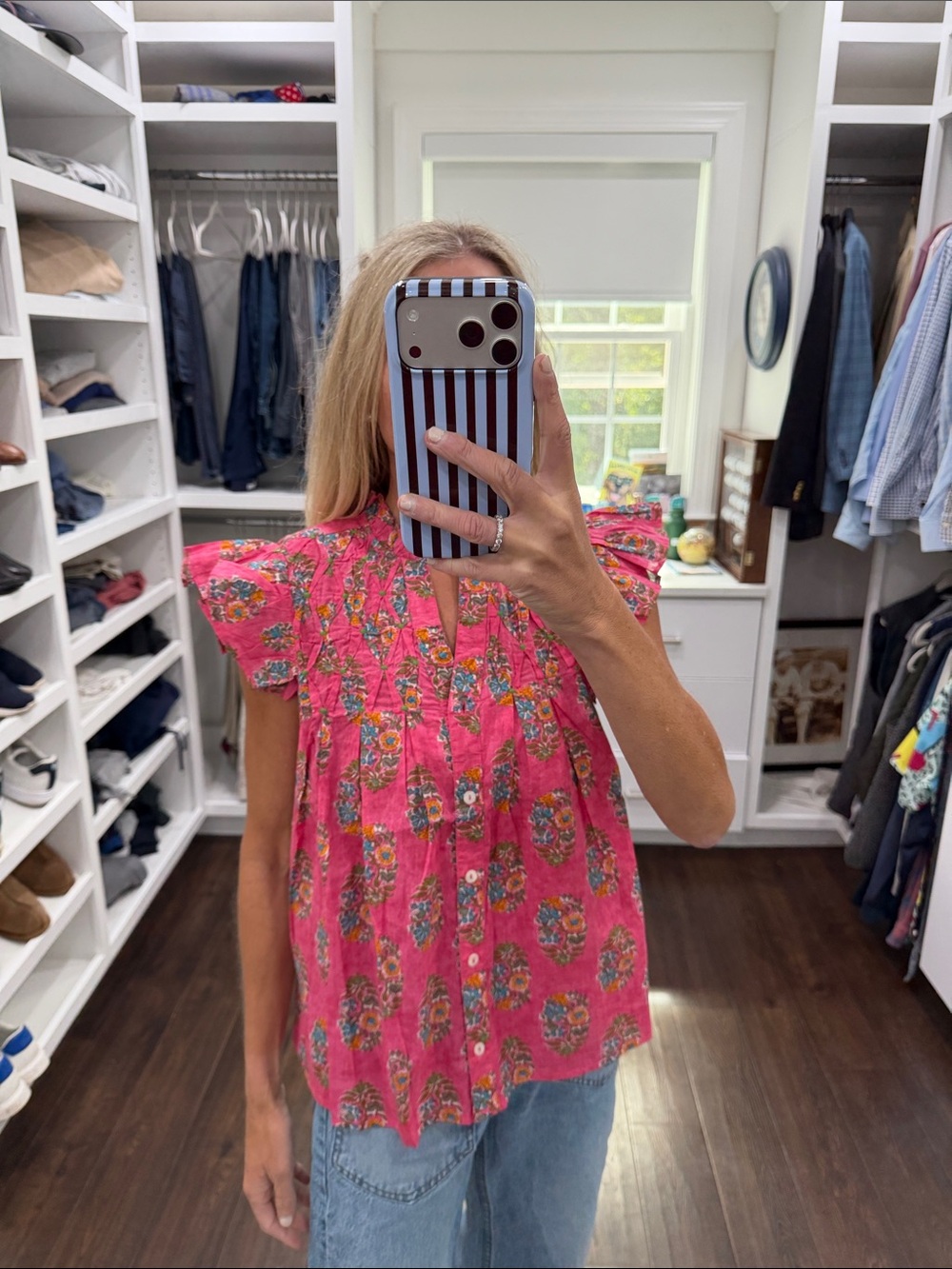Avara Pink Floral Button-Front Flutter Sleeve Top - Women XS NWT